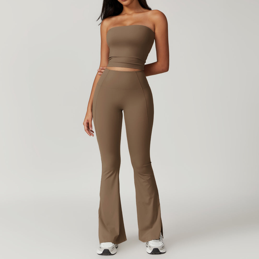 Brown strapless top and flared pants set on a plain background