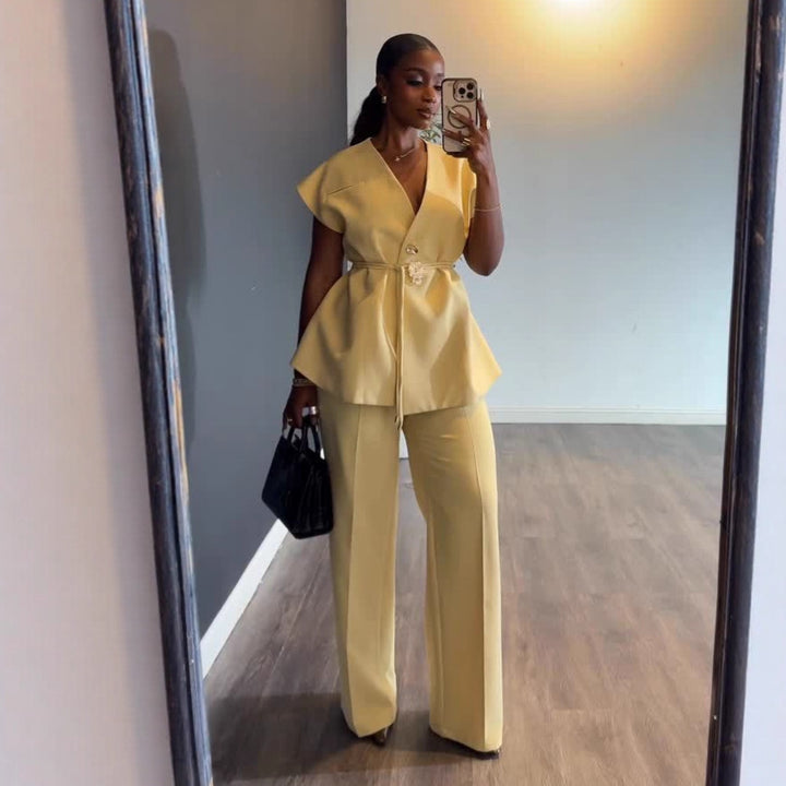 Womens V-Neck Sleeveless Top and Wide-Leg Pants Set