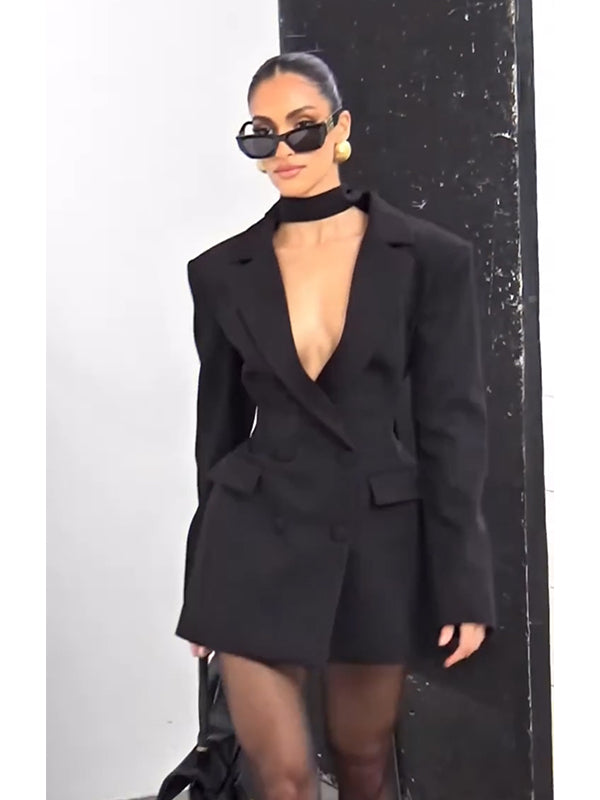 Elegant Black V-Neck Ribbon Suit Dress