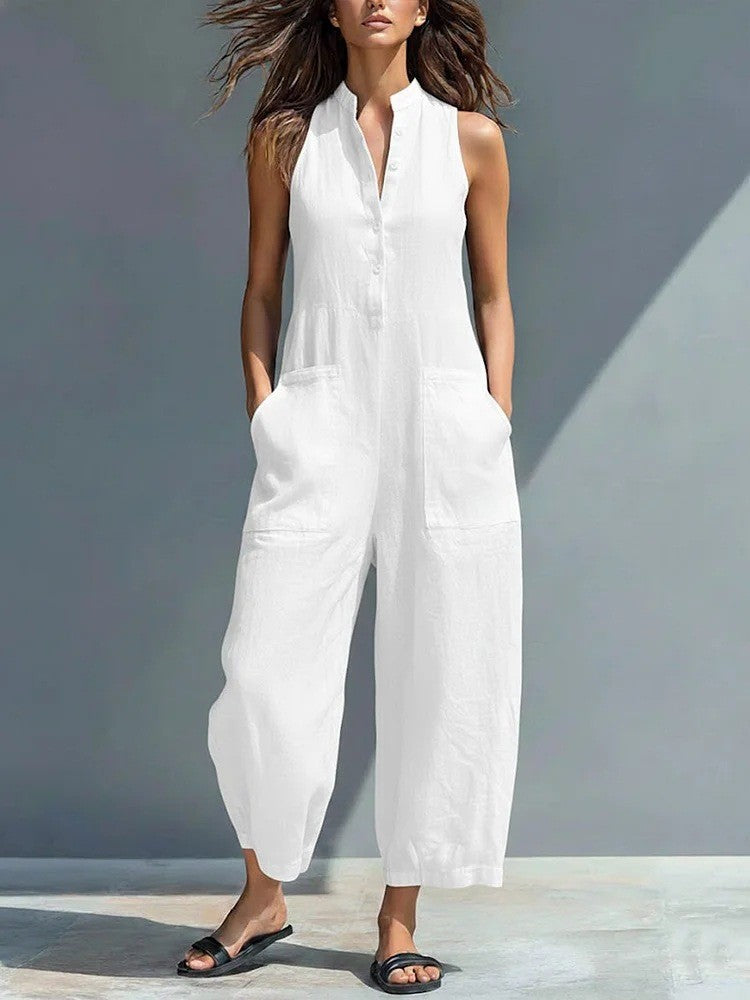 Womens Sleeveless Stand Collar Pocket Jumpsuit