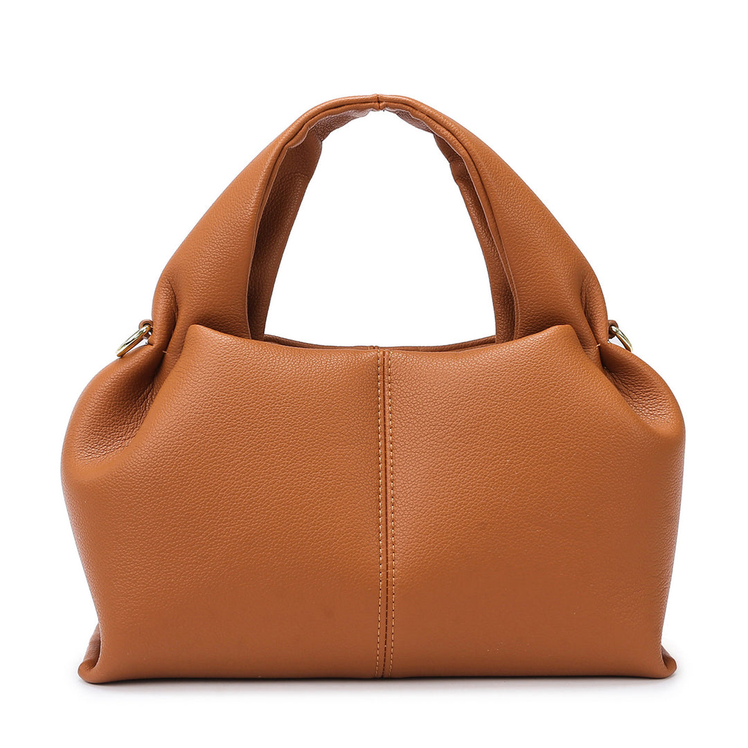 Brown leather handbag on a white background