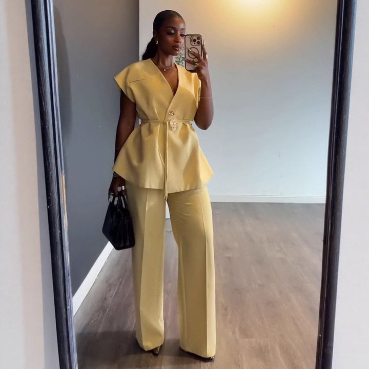 Womens V-Neck Sleeveless Top and Wide-Leg Pants Set
