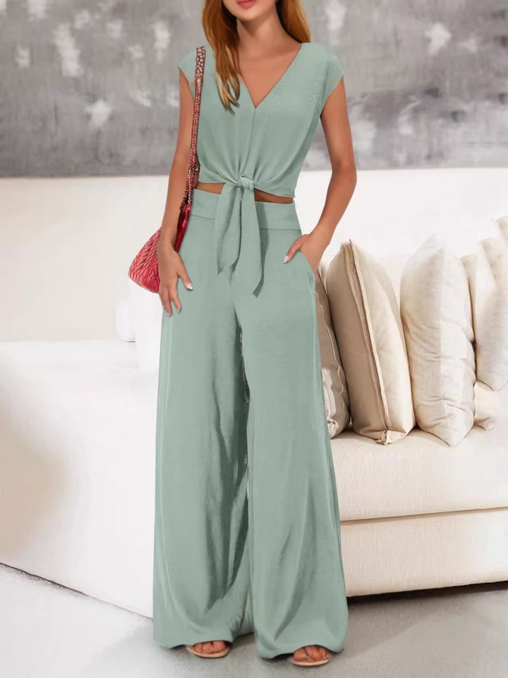 Womens Sleeveless V-Neck Wide Leg Casual Suit Set