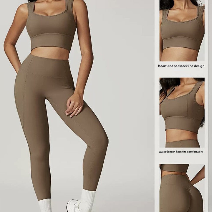 Brown sports bra and leggings set with close-up details on a gray background
