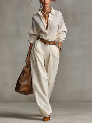 Casual Style Sleeveless Shirt and Wide-Leg Pants Set