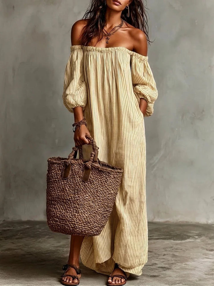 Striped Off-Shoulder Dress with Puff Sleeves
