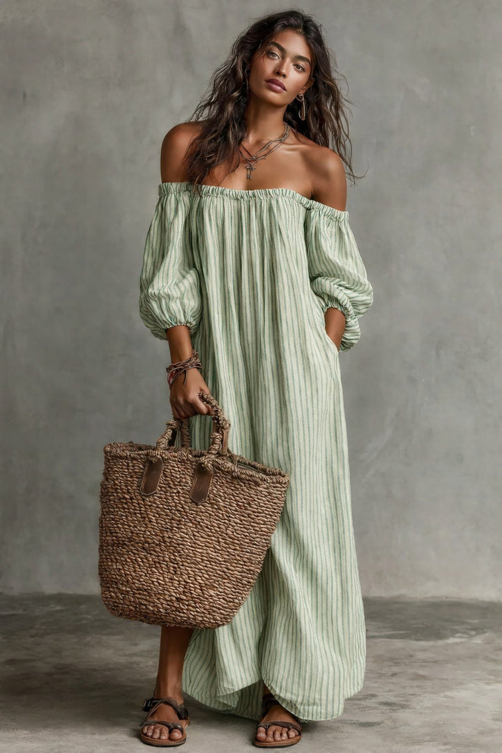 Striped Off-Shoulder Dress with Puff Sleeves