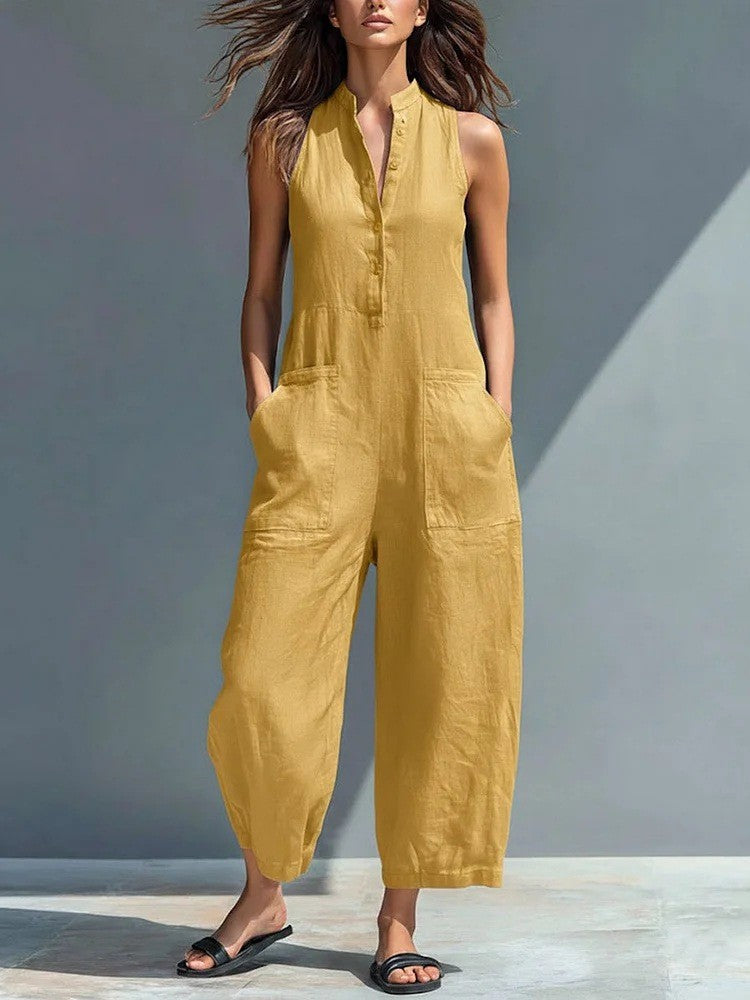 Womens Sleeveless Stand Collar Pocket Jumpsuit