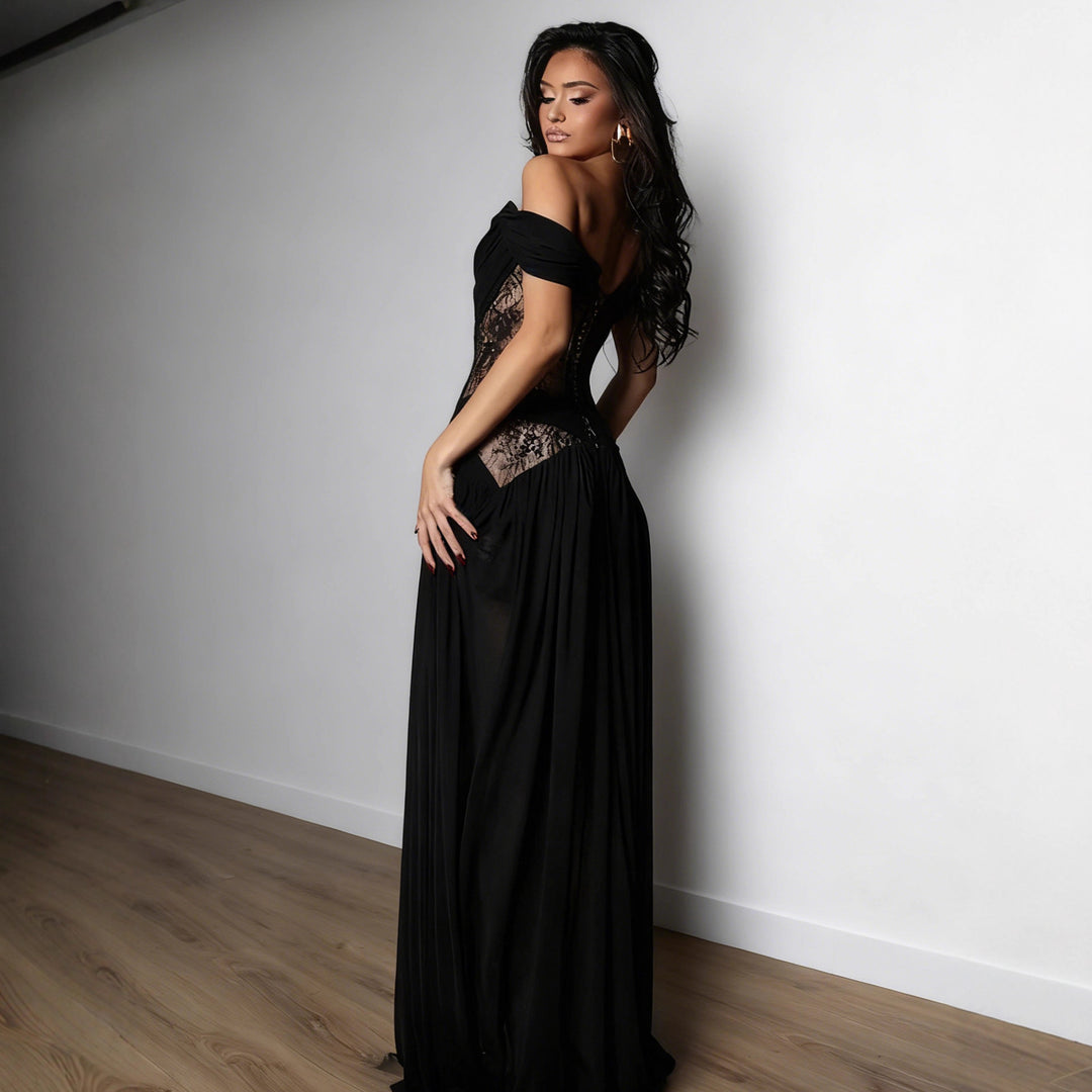 Black Off-Shoulder Lace Evening Dress
