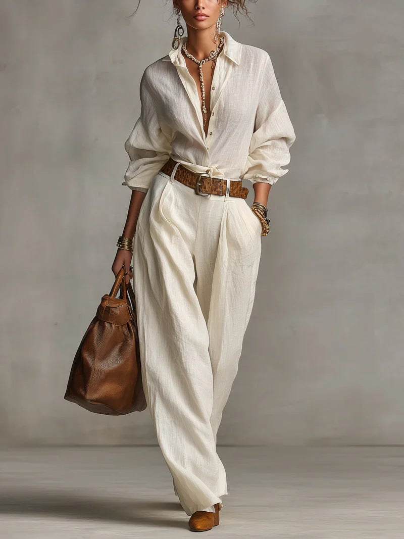 Casual Style Sleeveless Shirt and Wide-Leg Pants Set