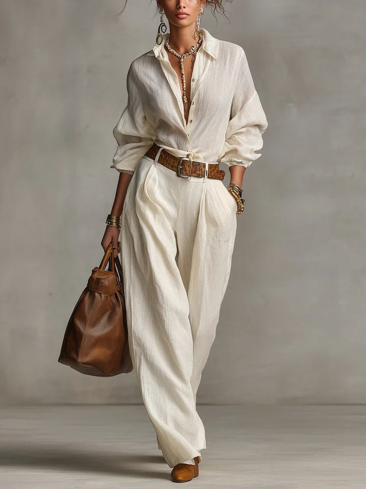 Casual Style Sleeveless Shirt and Wide-Leg Pants Set