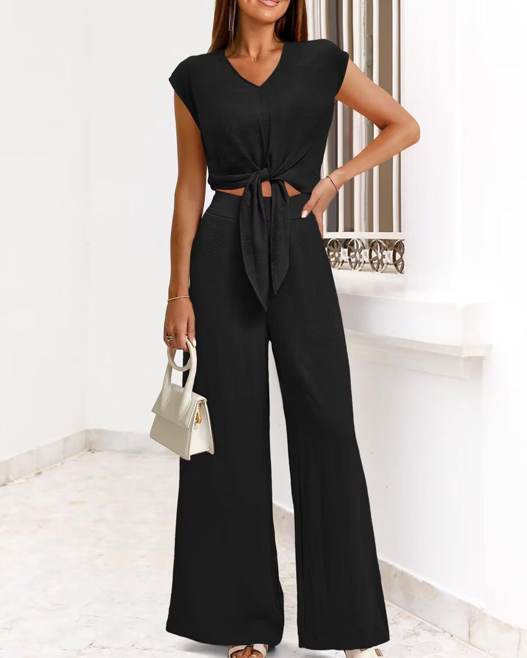 Womens Sleeveless V-Neck Wide Leg Casual Suit Set