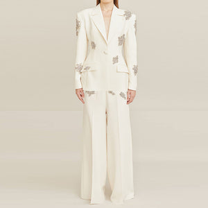 Beaded Rhinestone Blazer and Wide-Leg Pants Set