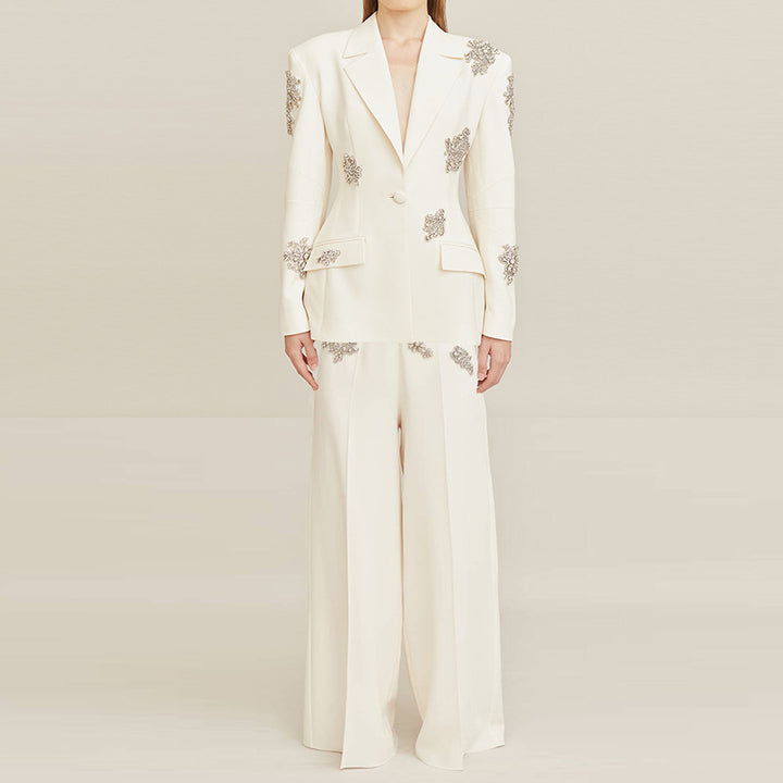 Beaded Rhinestone Blazer and Wide-Leg Pants Set