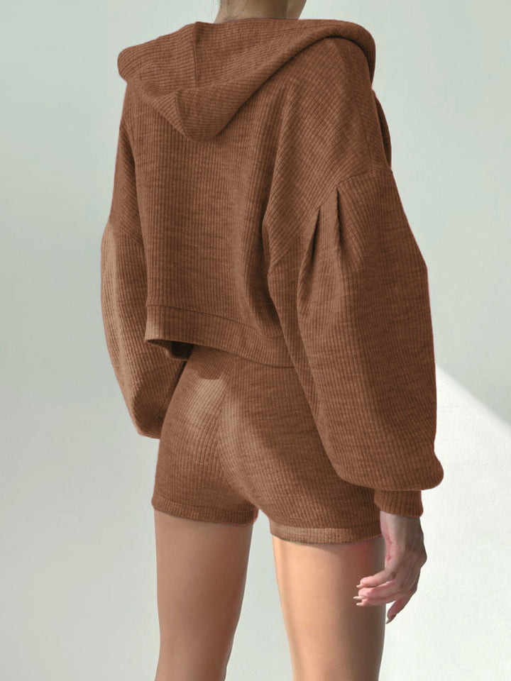 Brown textured hoodie and shorts set on a neutral background