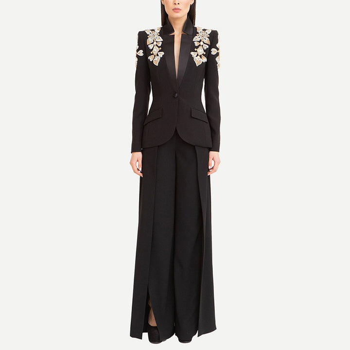 Rhinestone Embellished Blazer and Slit Pants Set