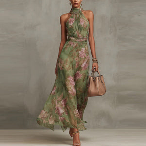 Women's Mesh Floral Print Bodycon Long Dress