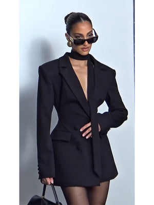 Elegant Black V-Neck Ribbon Suit Dress