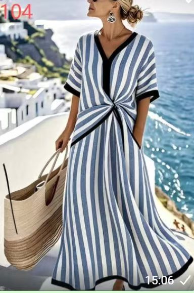 Womens V-Neck Striped Dress