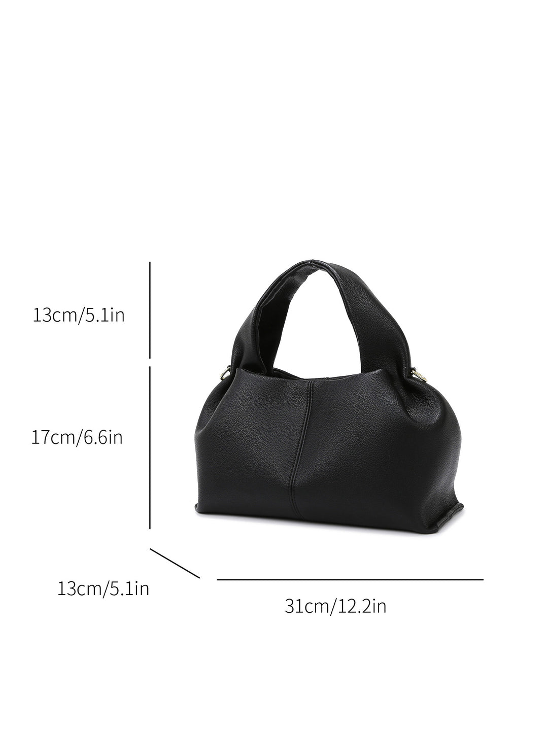 Black handbag with dimensions indicated on a white background