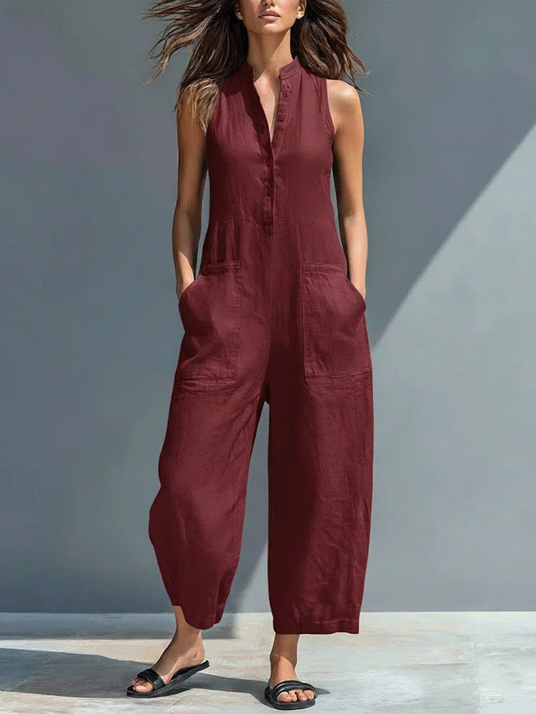 Womens Sleeveless Stand Collar Pocket Jumpsuit