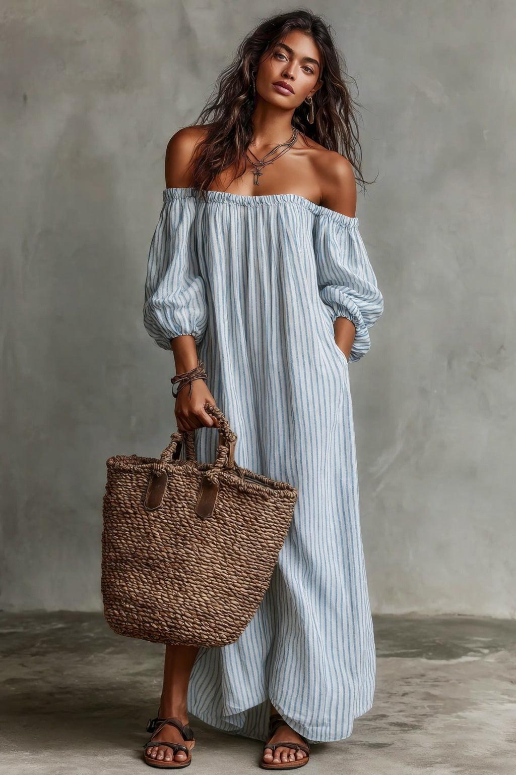 Striped Off-Shoulder Dress with Puff Sleeves