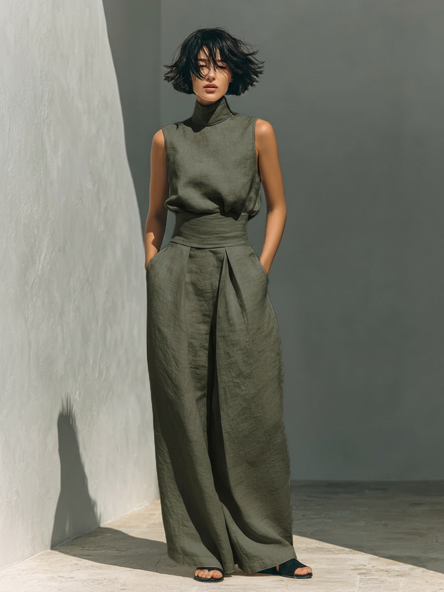 Womens Cotton Linen Sleeveless Top and Pants Set