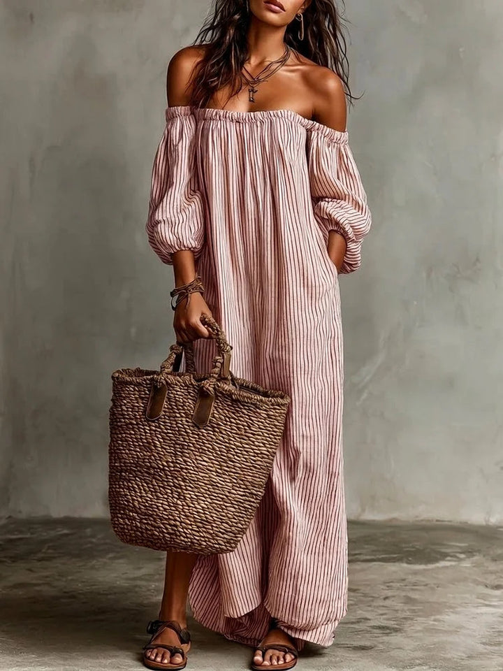 Striped Off-Shoulder Dress with Puff Sleeves