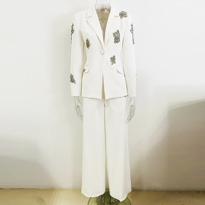 Beaded Rhinestone Blazer and Wide-Leg Pants Set