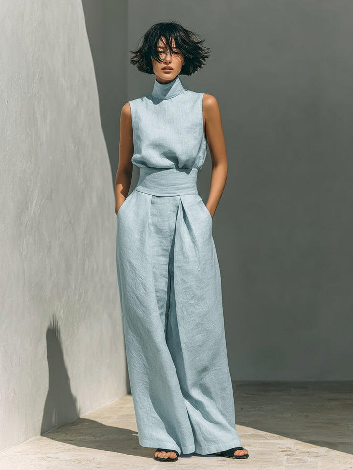 Womens Cotton Linen Sleeveless Top and Pants Set