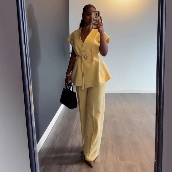 Womens V-Neck Sleeveless Top and Wide-Leg Pants Set