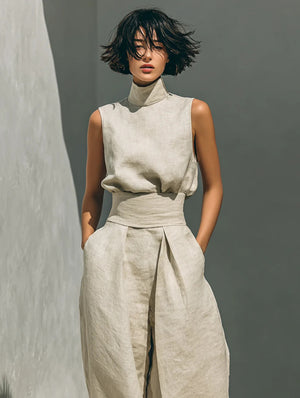 Womens Cotton Linen Sleeveless Top and Pants Set