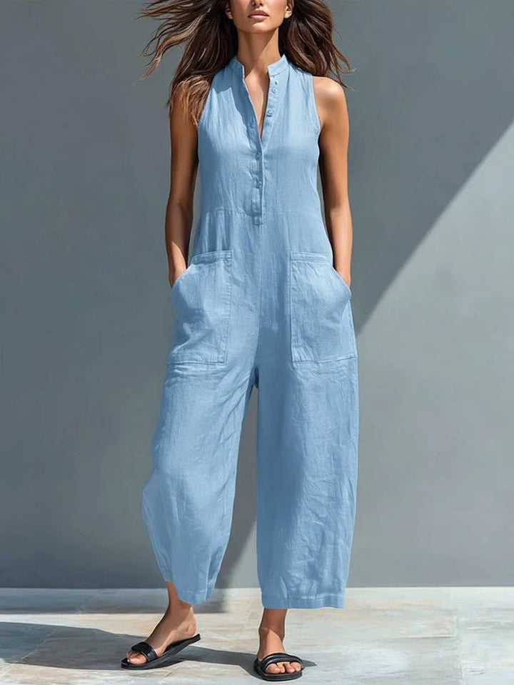 Womens Sleeveless Stand Collar Pocket Jumpsuit