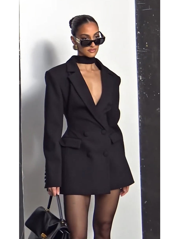 Elegant Black V-Neck Ribbon Suit Dress