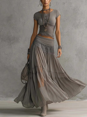 Women's Knit Top and Chiffon Skirt Set