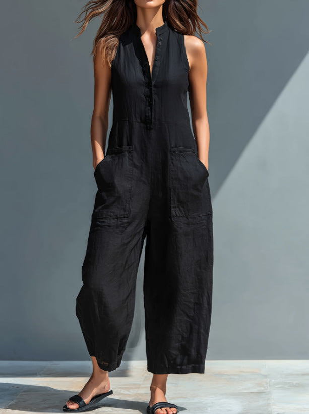 Womens Sleeveless Stand Collar Pocket Jumpsuit