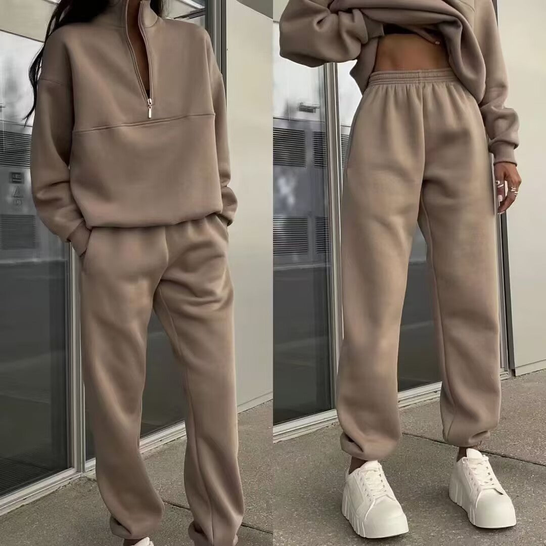 Beige tracksuit worn by a person with white sneakers, shown from different angles.