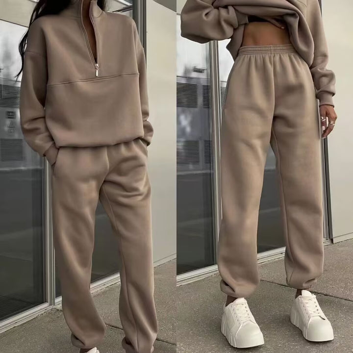 Beige tracksuit worn by a person with white sneakers, shown from different angles.