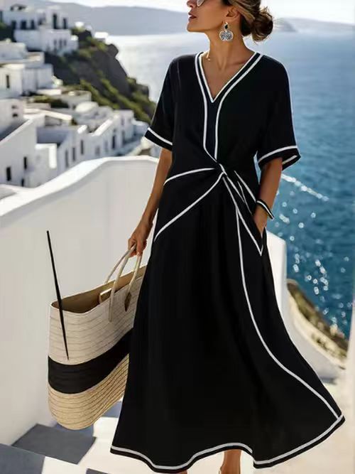 Womens V-Neck Striped Dress
