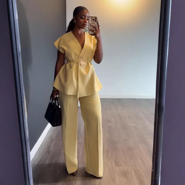 Womens V-Neck Sleeveless Top and Wide-Leg Pants Set