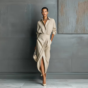Elegant Long Sleeve Shirt and Midi Skirt Set