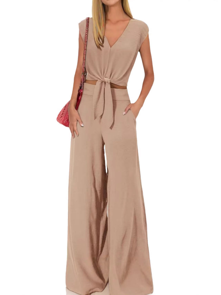 Womens Sleeveless V-Neck Wide Leg Casual Suit Set