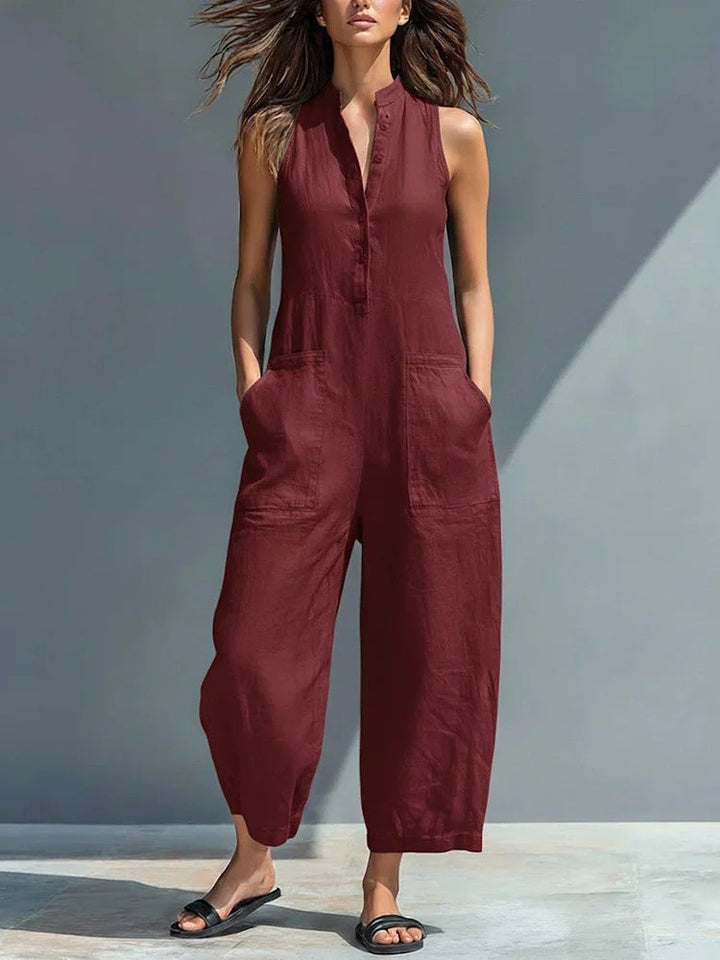 Womens Sleeveless Stand Collar Pocket Jumpsuit