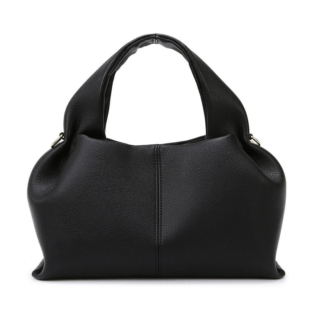 Black leather handbag on a white background