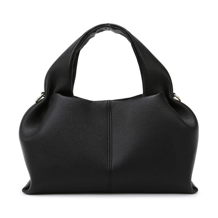 Black leather handbag on a white background