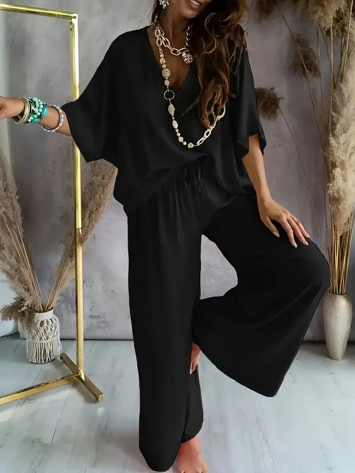 Womens V-Neck Batwing Sleeve Wide-Leg Pants Set