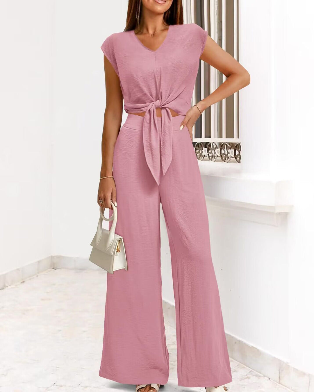 Womens Sleeveless V-Neck Wide Leg Casual Suit Set