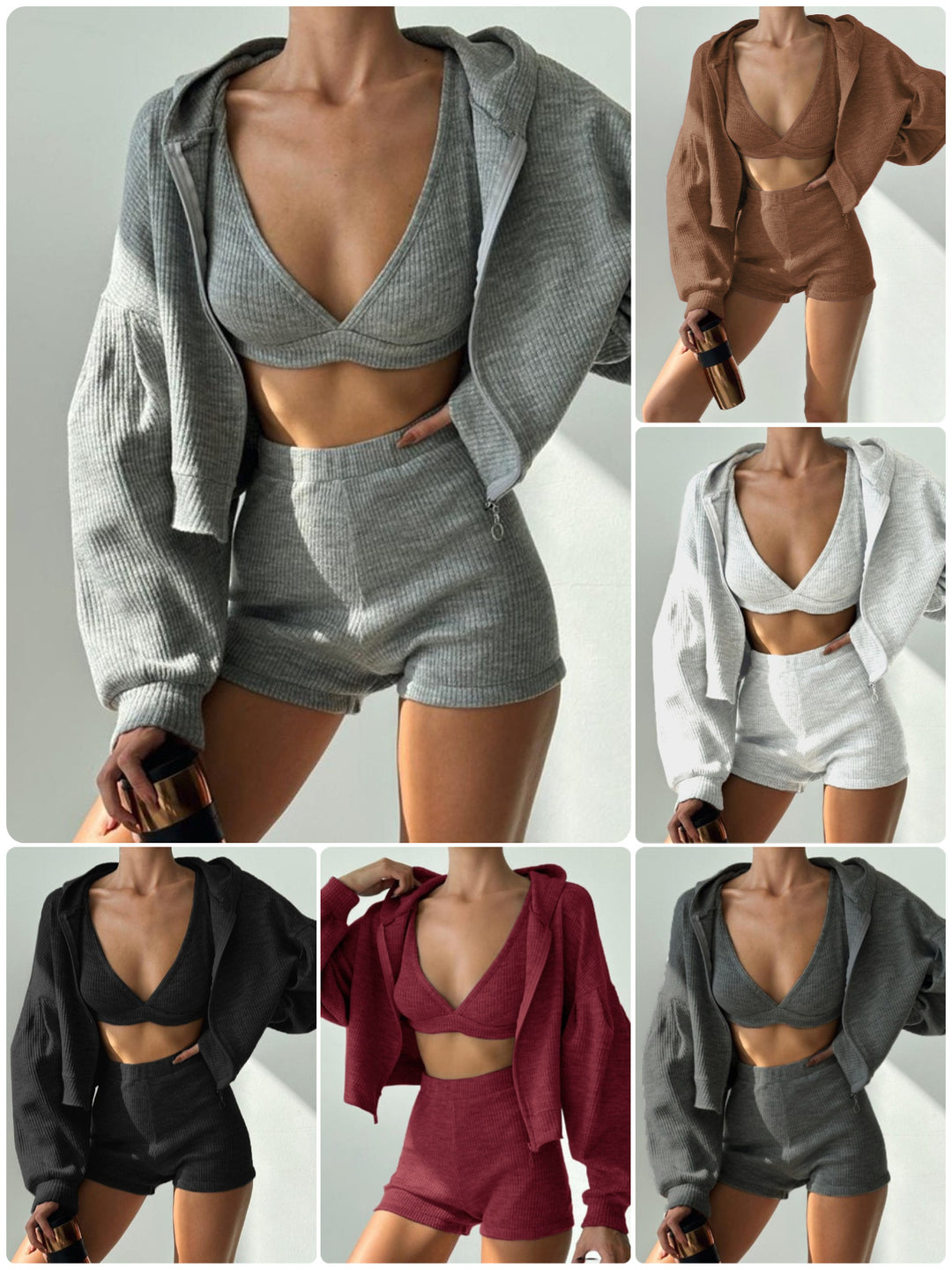 Collage of a person wearing different color outfits with a gray jacket and shorts.