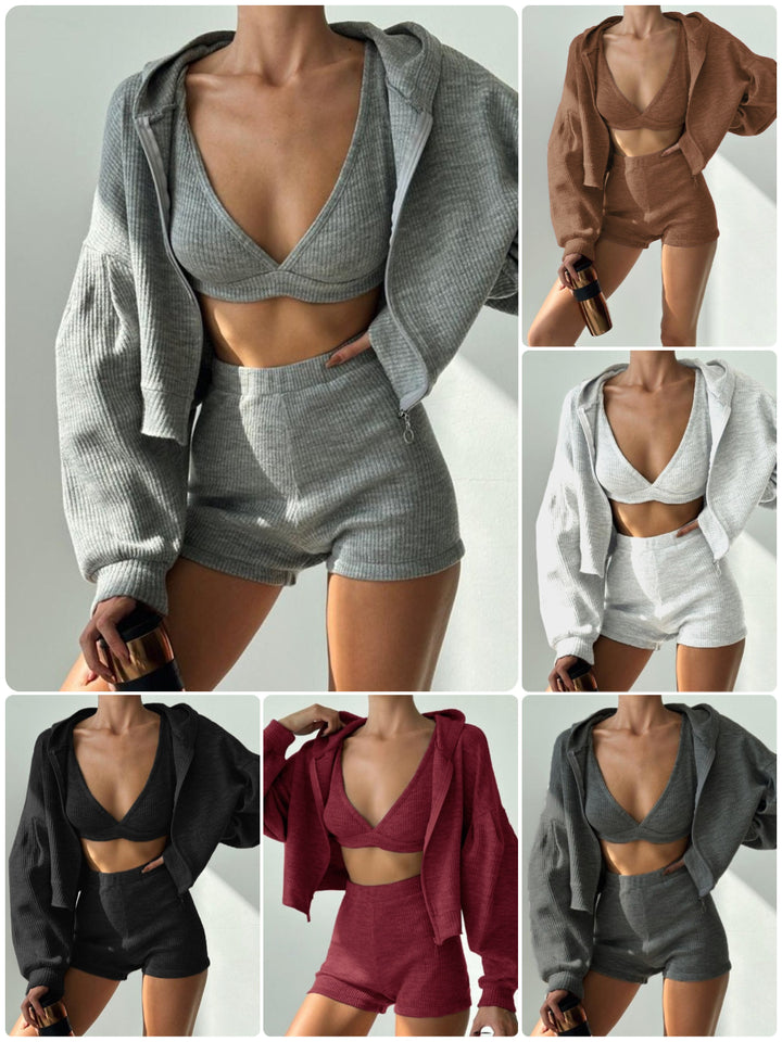 Collage of a person wearing different color outfits with a gray jacket and shorts.