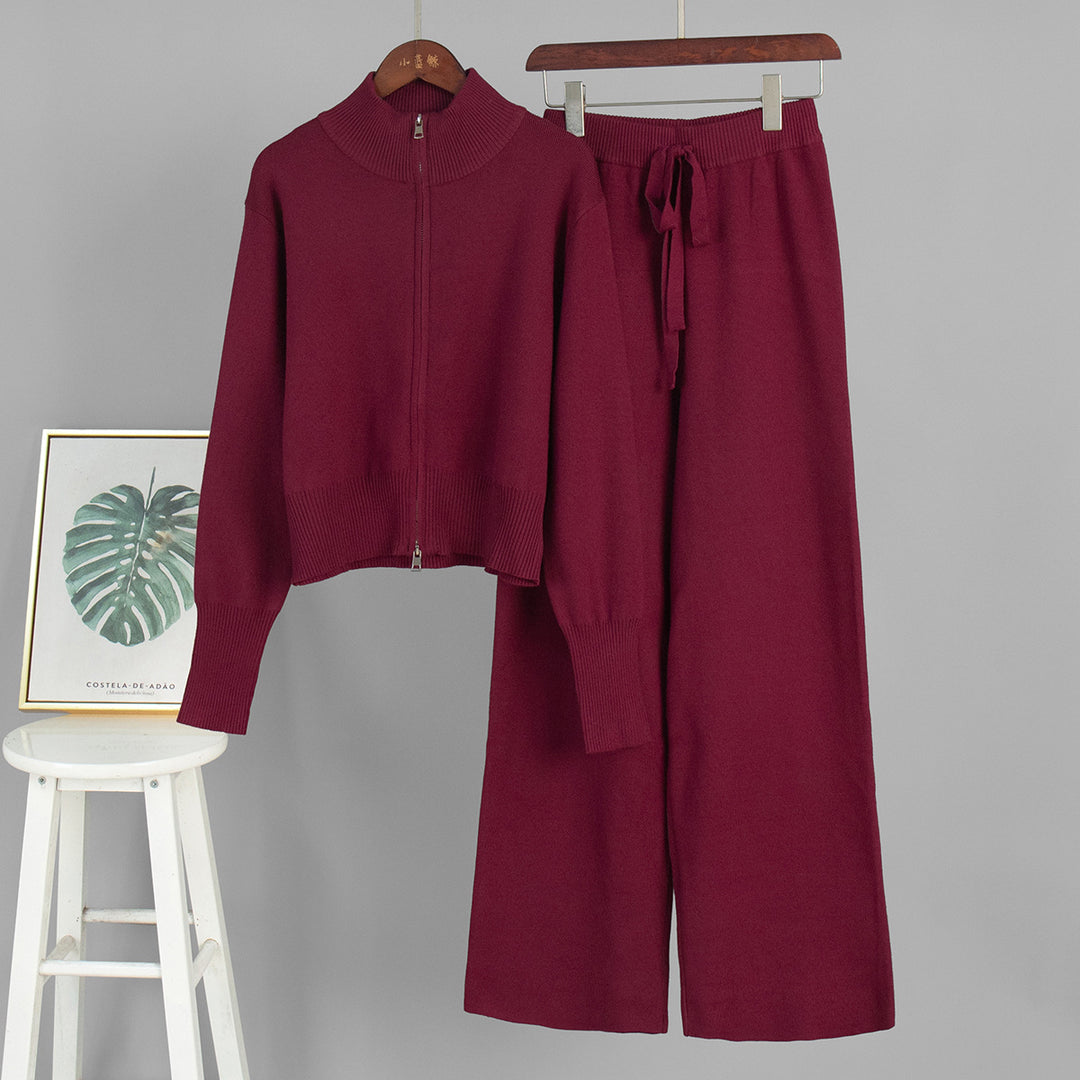 Maroon outfit with jacket and pants on hangers against a gray background